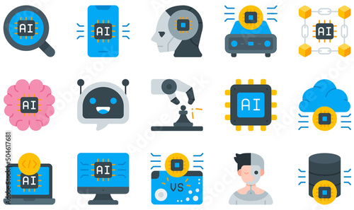 Set of Vector Icons Related to Artificial Intelligence. Contains such Icons as Analysis, Artificial Intelligence, Blockchain, Brain, Chatbot, Coding and more.