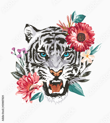 Canvas Print angry white tiger face in colorful flowers wreath vector illustration