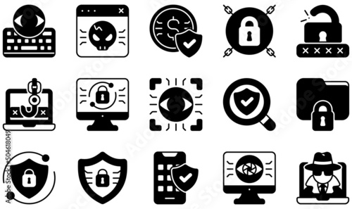 Set of Vector Icons Related to Cyber Security. Contains such Icons as Keylogger, Malware, Money, Padlock, Ransomware, Phishing and more.