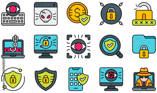 Set of Vector Icons Related to Cyber Security. Contains such Icons as Keylogger, Malware, Money, Padlock, Ransomware, Phishing and more.