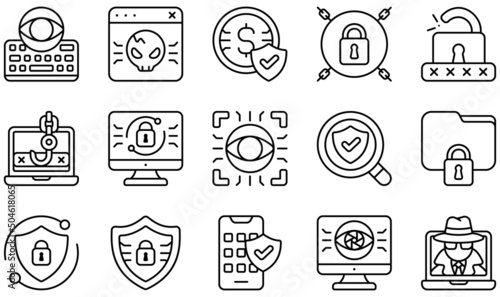 Set of Vector Icons Related to Cyber Security. Contains such Icons as Keylogger, Malware, Money, Padlock, Ransomware, Phishing and more.