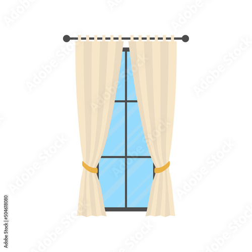 Large window with white curtains. Isolated Cartoon style.