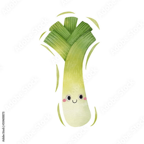 Watercolor cute leek cartoon character. Vector illustration.