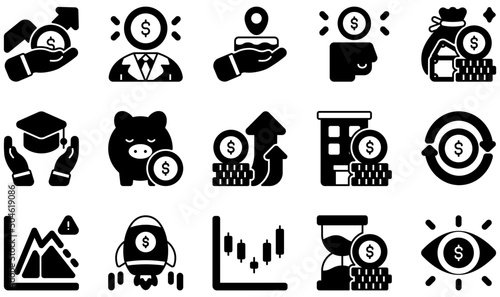 Set of Vector Icons Related to Investment. Contains such Icons as Investment, Investor, Money, Piggy Bank, Real Estate, Stock and more.