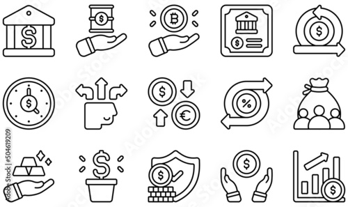 Set of Vector Icons Related to Investment. Contains such Icons as Banking, Barrel, Bitcoin, Bond, Cash Flow, Clock and more.