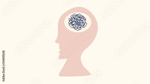 Head of confused person 2D animation. Thinking human. Finding solution concept. Human head with confused thoughts and ideas inside. Mental health and psychology 