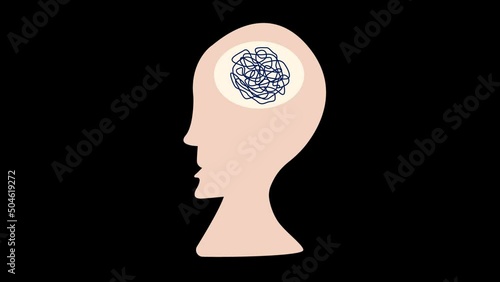 Head of confused person on transparent background 2D animation. Thinking human. Finding solution concept. Human head with confused thoughts and ideas inside. Mental health and psychology 