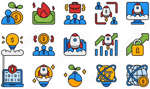 Set of Vector Icons Related to Startups. Contains such Icons as Burn, Crowdfunding, Design, Growth, Hackathon, Idea and more.