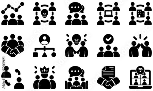 Set of Vector Icons Related to Teamwork. Contains such Icons as Brainstorm, Company, Cooperation, Coordination, Coworker, Partnership and more.