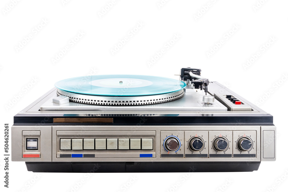 Fototapeta premium Vintage turntable record player with turquoise vinyl