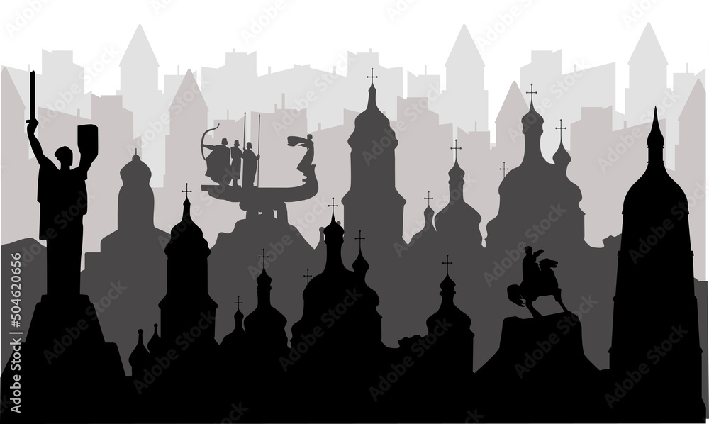 Fototapeta premium black and white silhouette panorama Kyiv Ukraine
