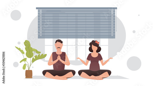 The guy and the girl are sitting in the lotus position in the room. Meditation. Cartoon style.