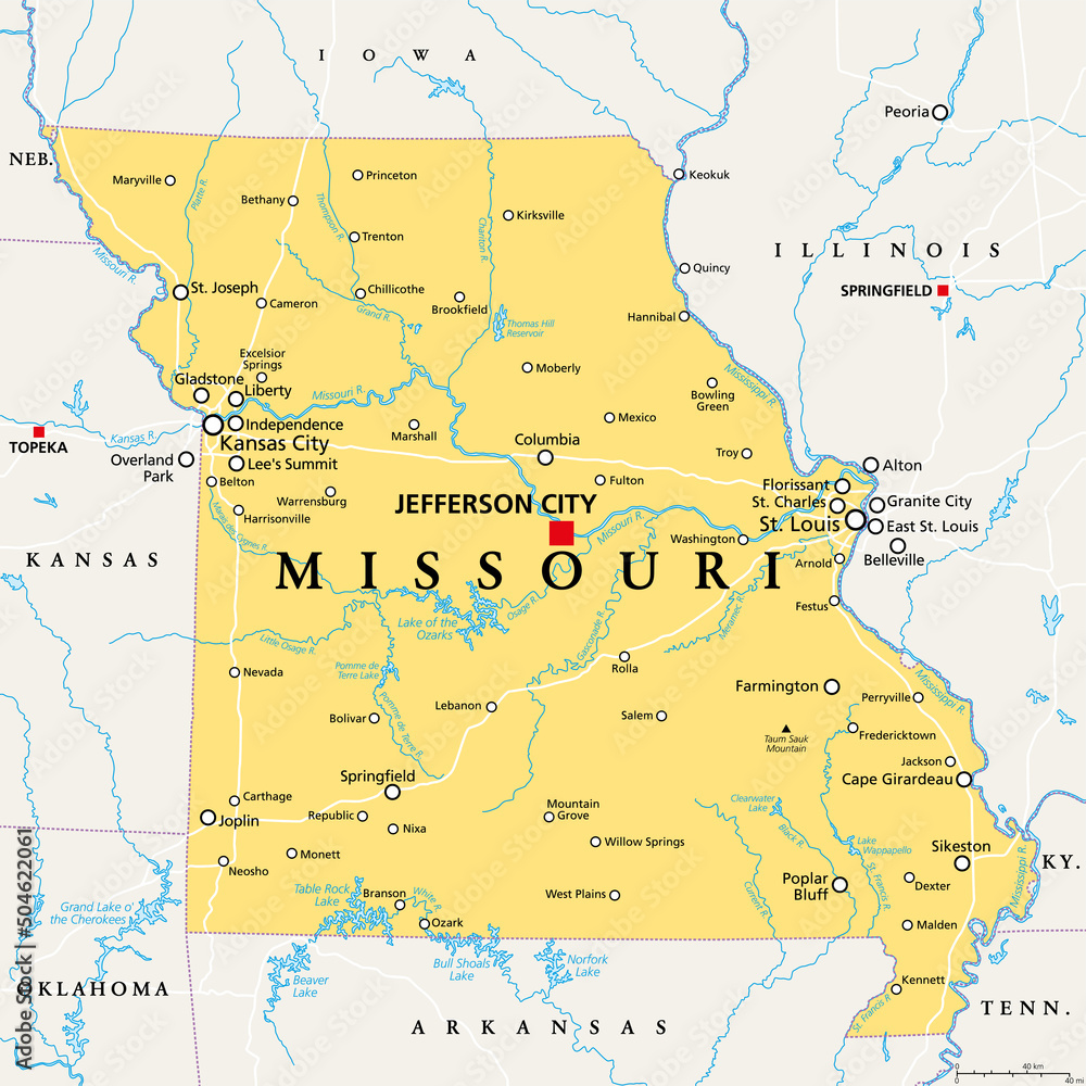Missouri, MO, political map, with capital Jefferson City, and largest cities, lakes and rivers. State in Midwestern region of United States, nicknamed Show Me State, Cave State and Mother of the West. - obrazy, fototapety, plakaty 