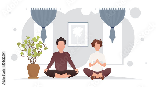 The guy and the girl are engaged in meditation in the room. Yoga. Cartoon style.