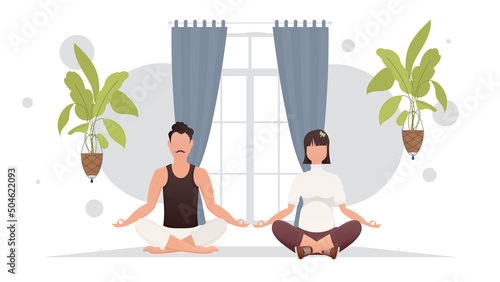 The guy and the girl are doing yoga in the room. Yoga. Cartoon style.