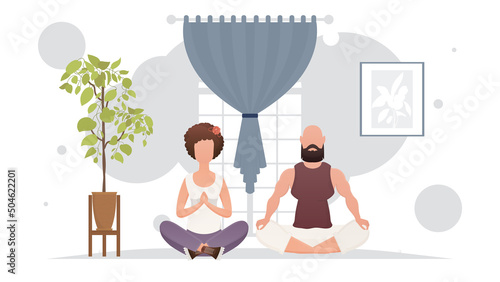 A man and a woman are doing yoga in the lotus position in the room. Yoga. Cartoon style.