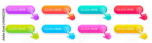 Click here web buttons with hand cursor. Set of action button click here with arrow pointer. Click button. Modern action button mouse click symbol. Computer mouse click cursor or Hand pointer symbol.
