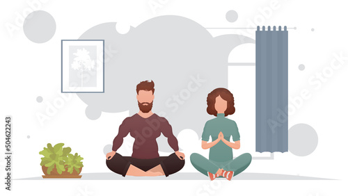 A man and a woman sit in a lotus position in a room. Meditation. Cartoon style.