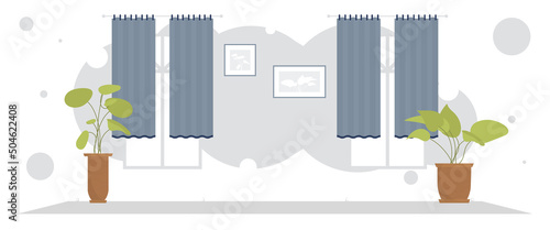 Wide living room with curtains and houseplant. Interior. Cartoon style.
