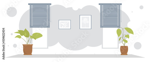 Wide living room with curtains and ornamental plant. Room design. Flat style.