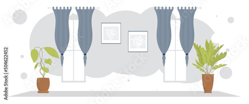 Wide living room with curtains and ornamental plant. Room design Cartoon style.