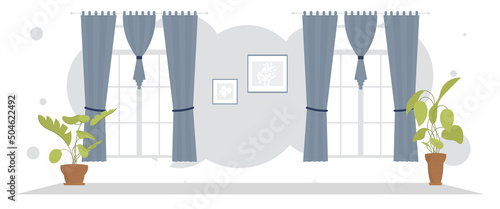 Wide living room with curtains and ornamental plant. Interior. Cartoon style.