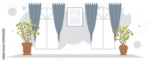 Wide living room with curtains and a window. Interior. Cartoon style.