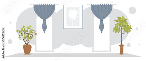 Wide room with decorative houseplant. Room design. Flat style.