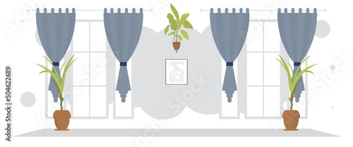 Wide room with decorative houseplant Interior. Flat style.