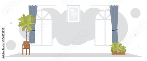 Wide room with decorative plant. Room design Cartoon style.