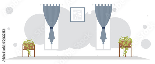Wide room with decorative plant. Interior. Flat style.
