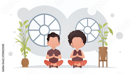 A boy and a girl are doing yoga in the lotus position in the room. Yoga. Cartoon style.