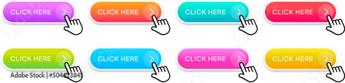 Click here web buttons with hand cursor. Set of action button click here with arrow pointer. Click button. Modern action button mouse click symbol. Computer mouse click cursor or Hand pointer symbol. photo