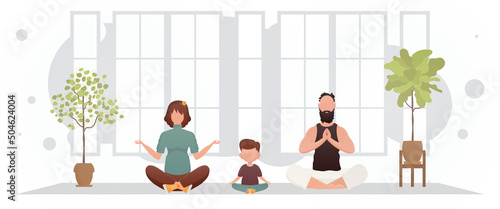 A man and a woman with a little boy are doing yoga in the lotus position in the room. Meditation. Cartoon style.