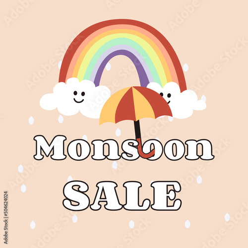 Monsoon sale offer banner template header with clouds, rainbow and colorful umbrella on beige background. Vector illustration.