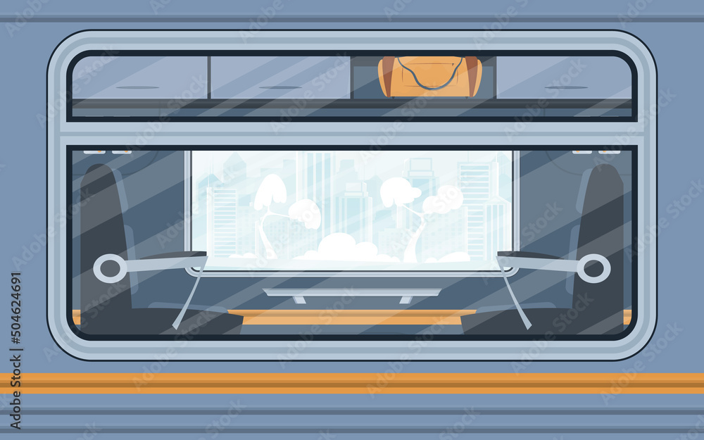 Windows of an empty commuter train. Electricity outside. Cartoon style. Flat style.