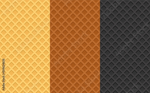 Waffle textures set. Yellow, brown and black waffle backgrounds. Flat vector illustration