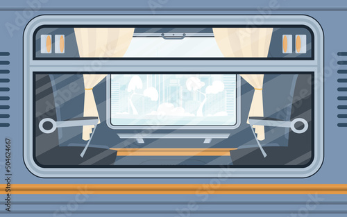 Windows of an empty commuter train. Electricity outside. Cartoon style. Flat style.