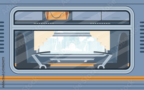 Windows of an empty commuter train. Electricity outside. Cartoon style. Flat style.