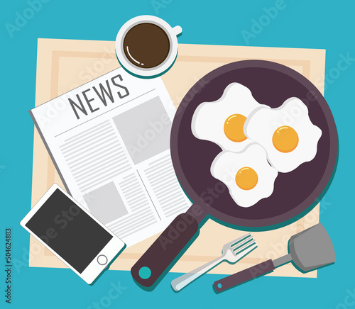 top view of Breakfast with Cup of Coffee , fried egg , news and smart-phone on table , flat design style background