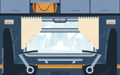 Empty suburban train with seats and a large window. Railway transport. Cartoon style. Flat style.