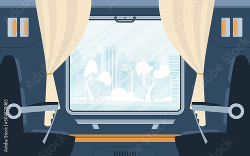 Train compartment with armchairs and a large window. Railway transport. Cartoon style. Flat style. Vector illustration.