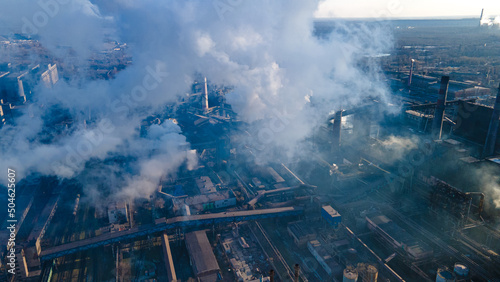 metallurgical plant smoke from chimneys industry drone photography