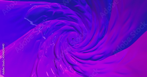 Rotation of the blades of an abstract funnel of shiny caramel in neon colors of purple and blue, abstract background
