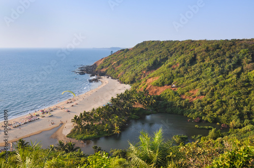 View of the sea and Sweet Lake at Arambol beach in Goa, India, January 2020