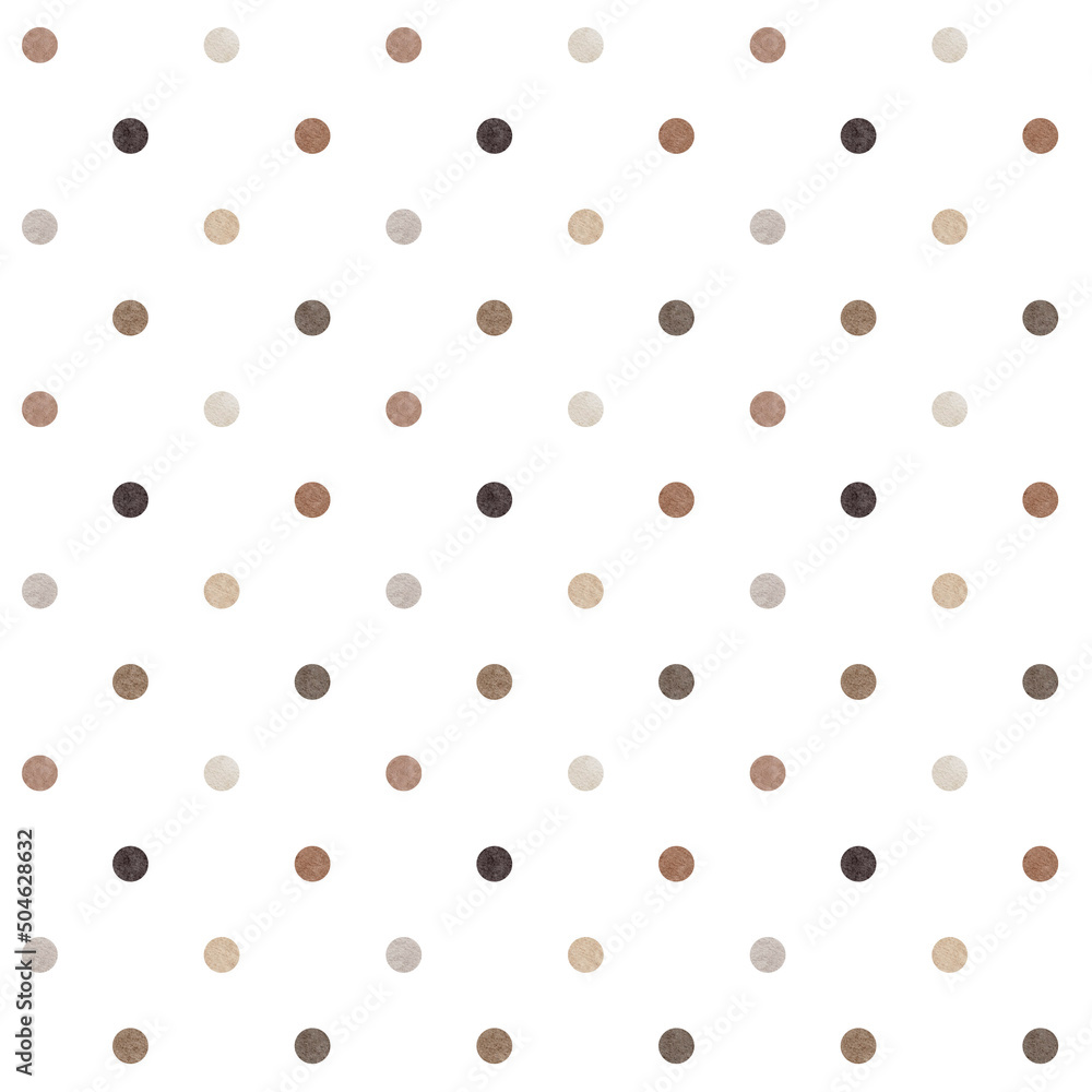 Watercolor seamless pattern. Polka dot baby print. Brown, beige dots on white background. For wallpapers, postcards, wrappers, greeting cards, textile, invitations