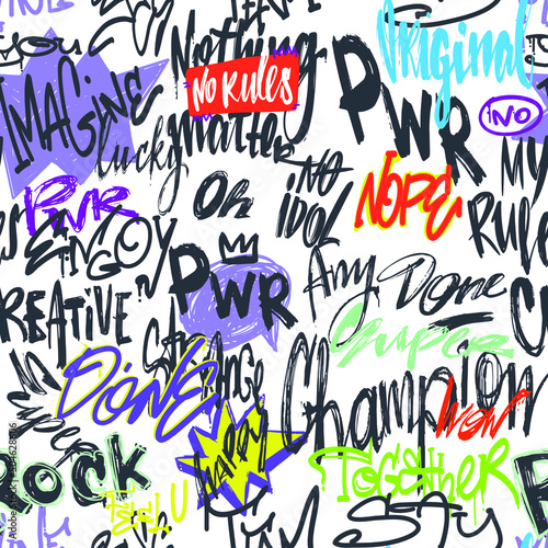 Abstract seamless lettering pattern. Grunge street art endless print for sport clothes, fashion textile, wrapping paper. Graffiti text repeat ornament on blue background with hand drawn words.