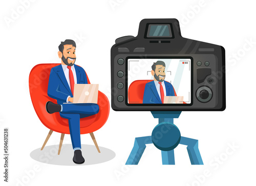 Man Blogger Tells something in front of camera. Vlogger Speaks and telling usefull information.