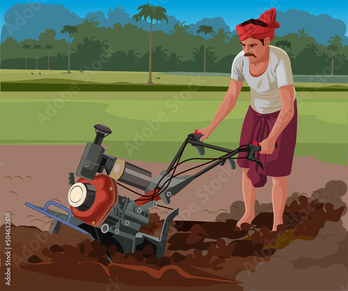 Farmer working in the field with agriculture equipment 