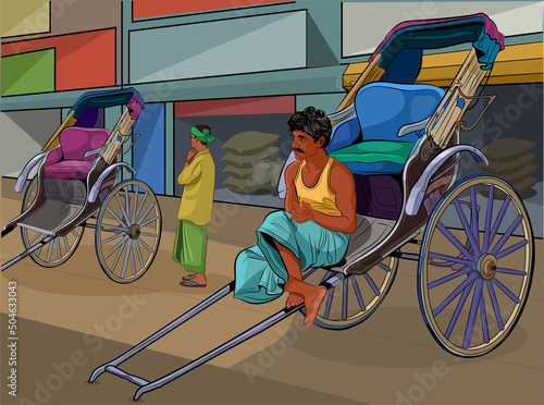 Indian rickshaw puller sitting on his rickshaw and waiting for passengers